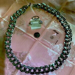 3 Pc Set - Vintage SilverTone Necklace w/ non-vintage Faux Diamond Ring&Earrings